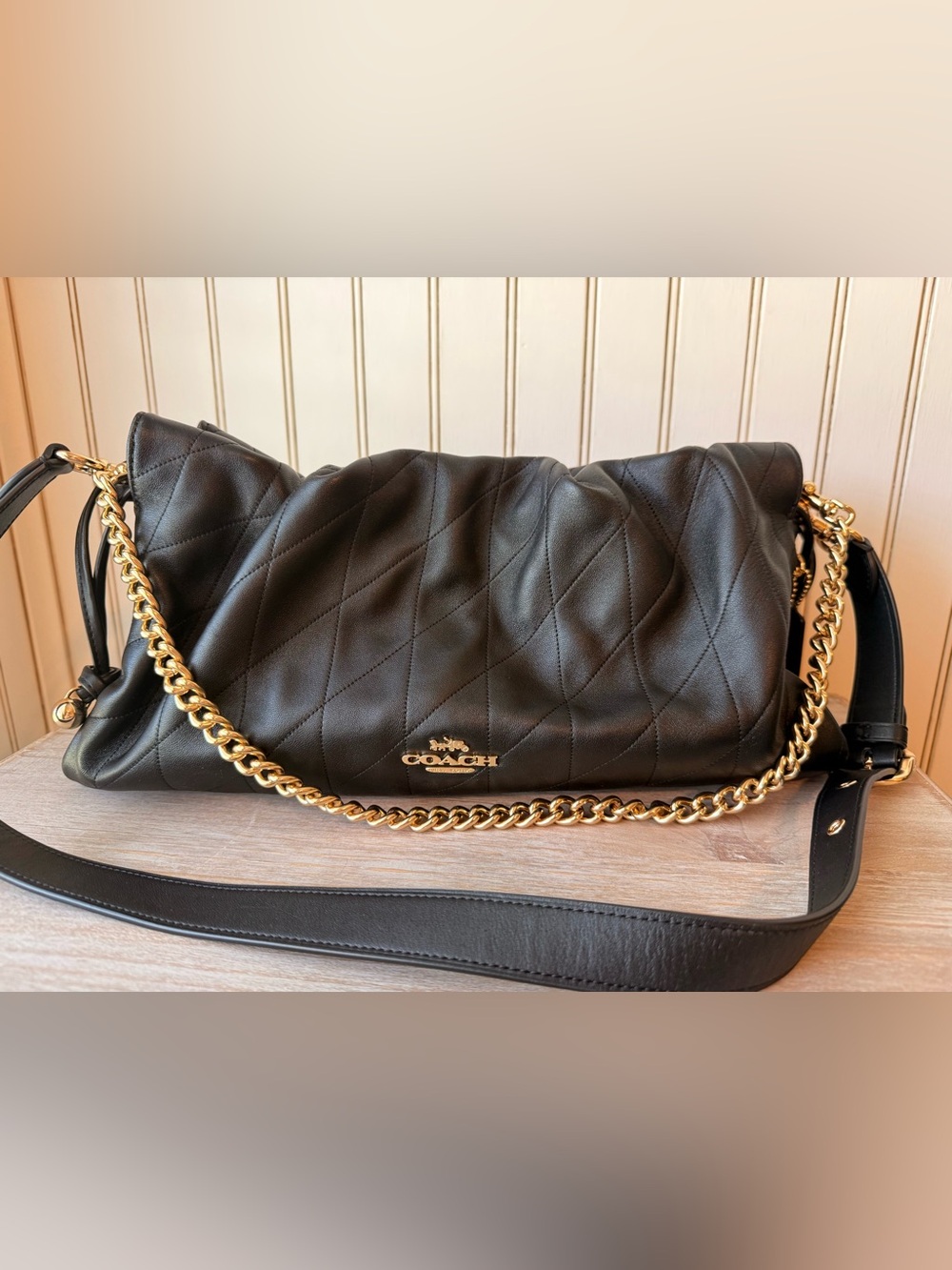 Coach Black Faye Large Quilted Leather Shoulder Bag with Gold Chain Detail